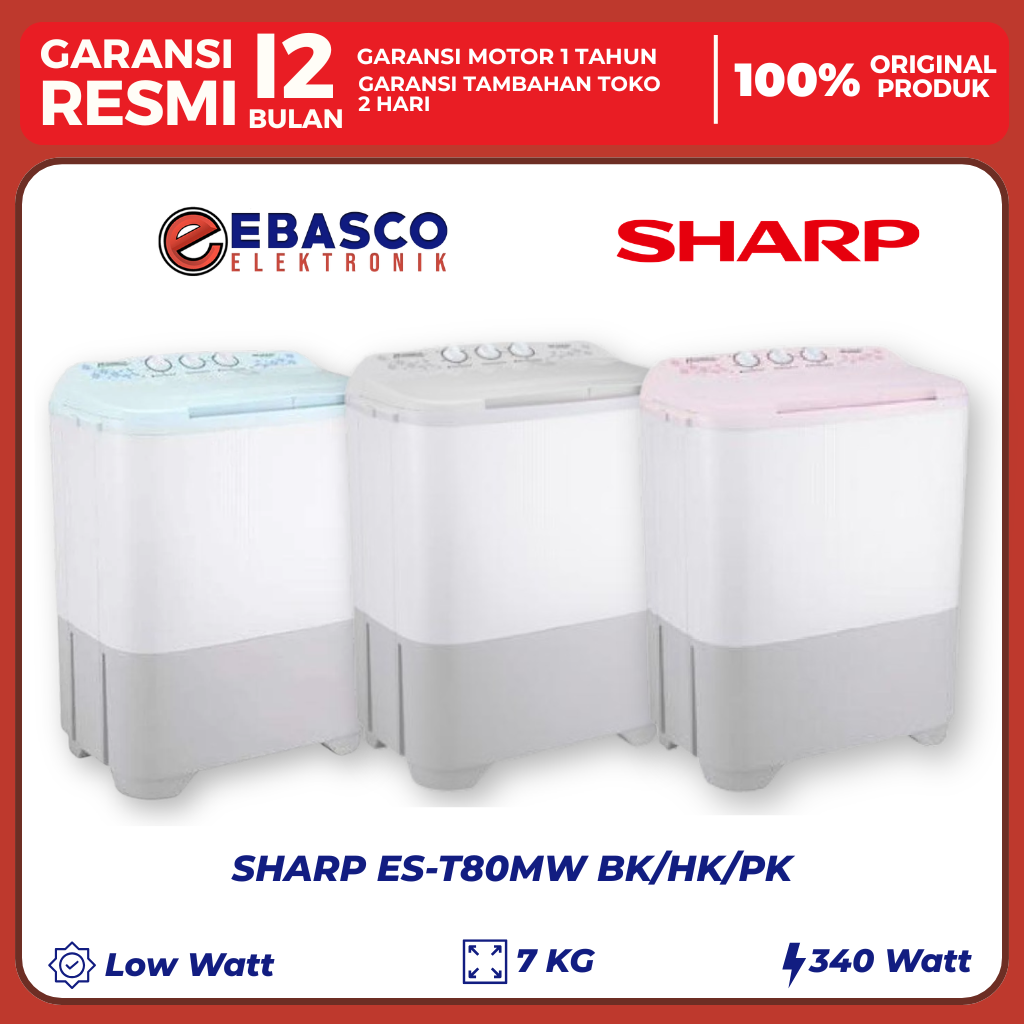 SHARP MESIN CUCI 7 Kg ES-T 80MW PK/HK/BK
