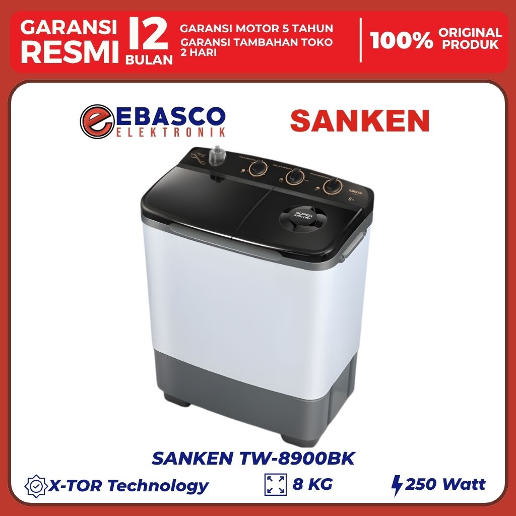 SANKEN MESIN CUCI 8 KG TW-8900 BK LOW WATT